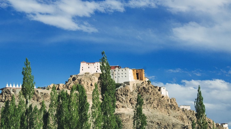 Imagen del Monasterio de Thiksey en Ladakh, también conocido como Gompa de Thiksey. Vista panorámica con arquitectura tradicional y paisaje montañoso.