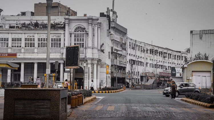 Panoramic view of Connaught Place in Delhi, showcasing its shopping market and historic landmarks.