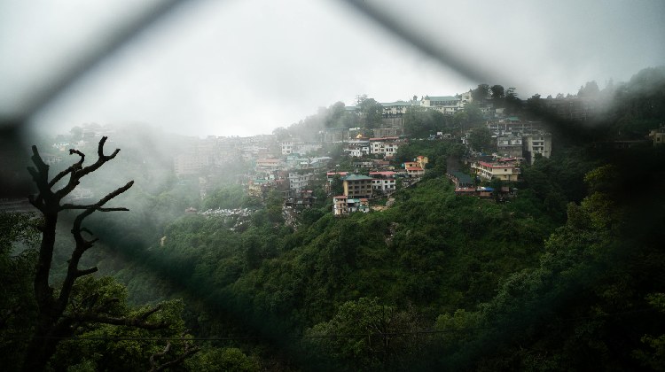 A scenic view of Uttarakhand's hill stations, featuring lush green mountains, charming cottages, and vibrant flowers under a clear blue sky.