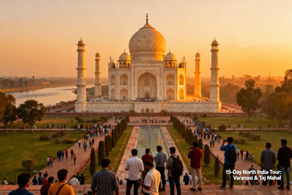 Sunrise view of the Taj Mahal during a 15 days North India tour with Varanasi and Taj Mahal